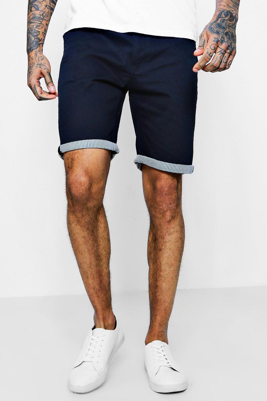 Pantalones cortos chinos con bajo vuelto a rayas, Azul marino image number 1