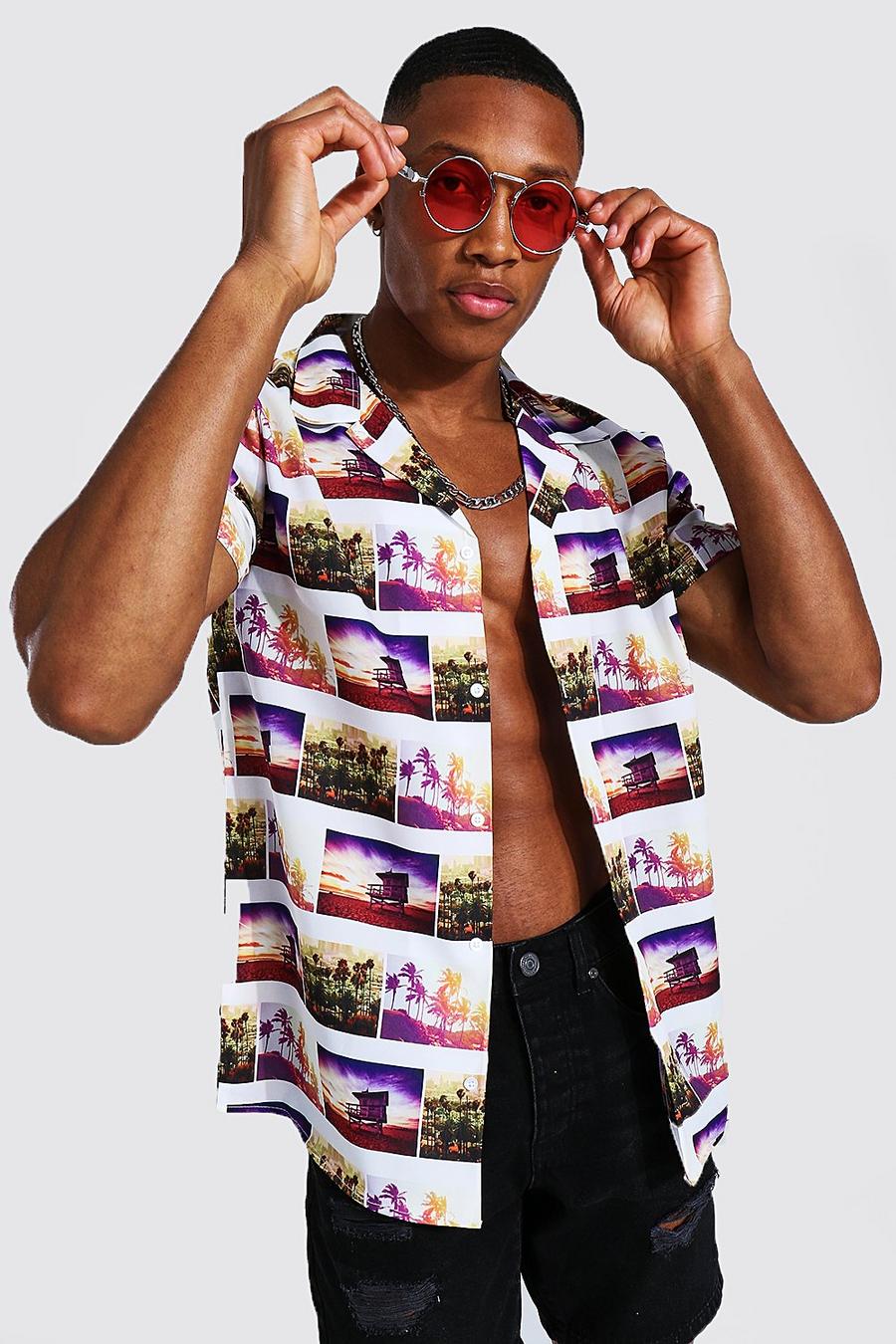 Camisa de manga corta con cuello de solapa y estampado de foto, Multicolor image number 1