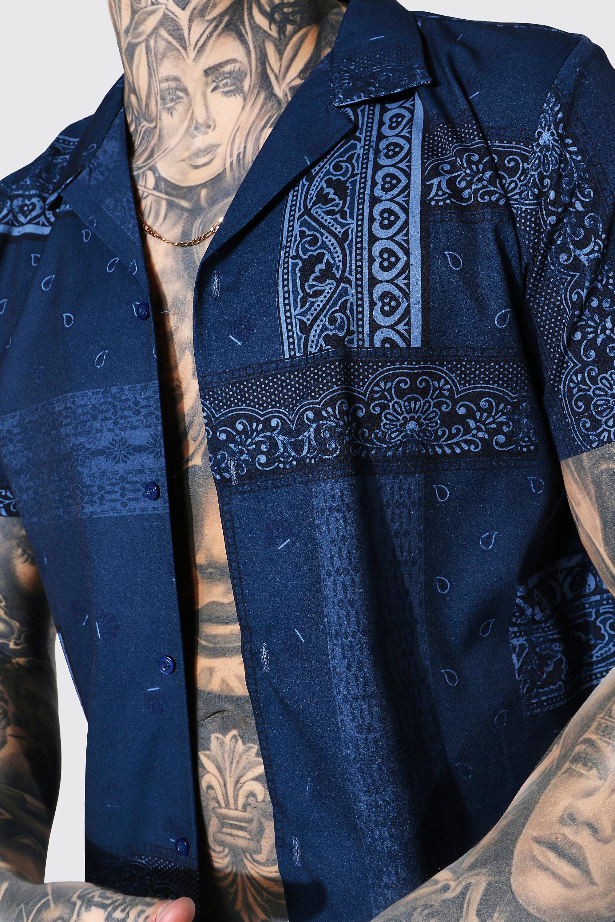 Navy regular fit bandana print revere shirt