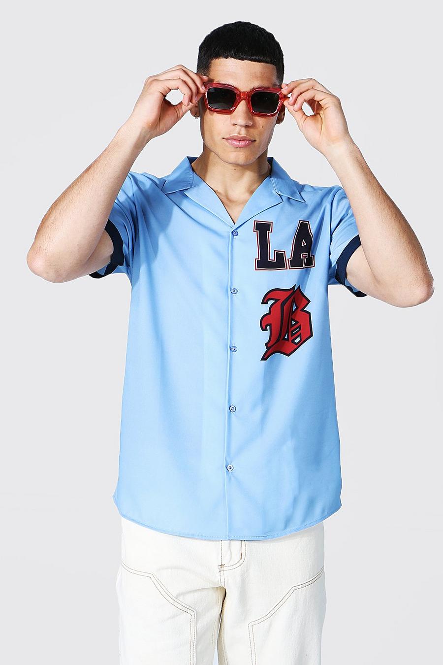 Camisa con cuello de solapa de manga corta con estampado de estilo universitario, Azul image number 1