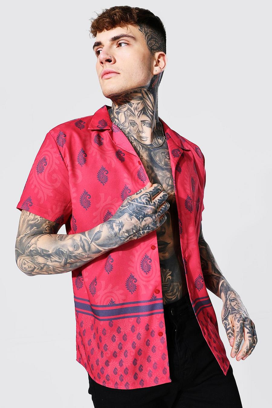 Camisa con cuello de solapa de manga corta con estampado de cachemir grande, Rojo image number 1