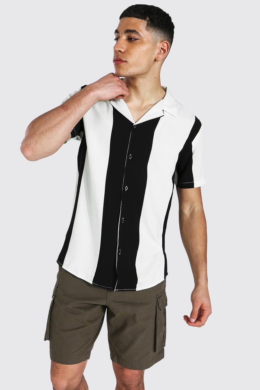 Ecru vit Short Sleeve Viscose Stripe Revere Shirt image number 1