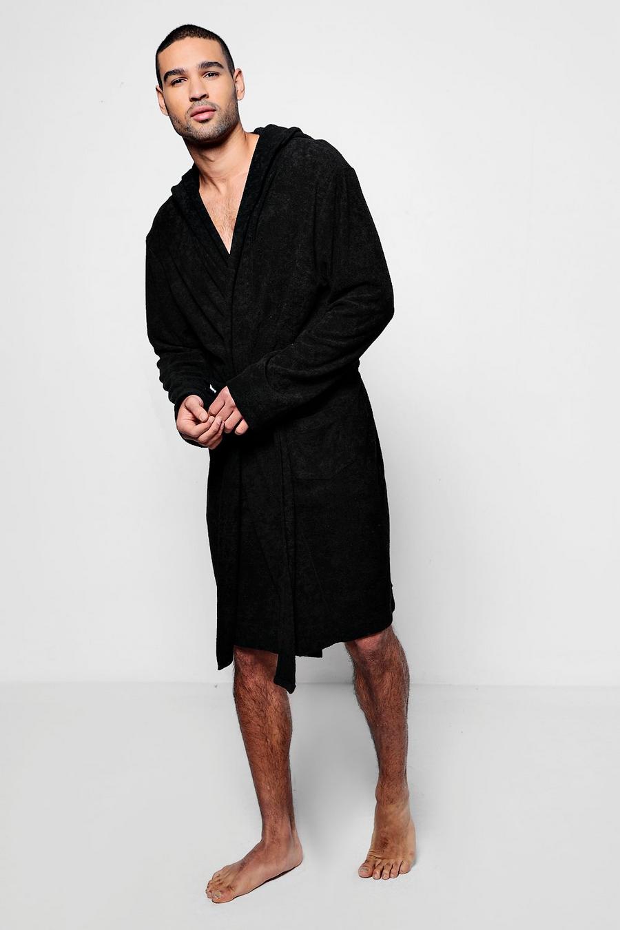 Black Hooded Dressing Gown In Towelling image number 1