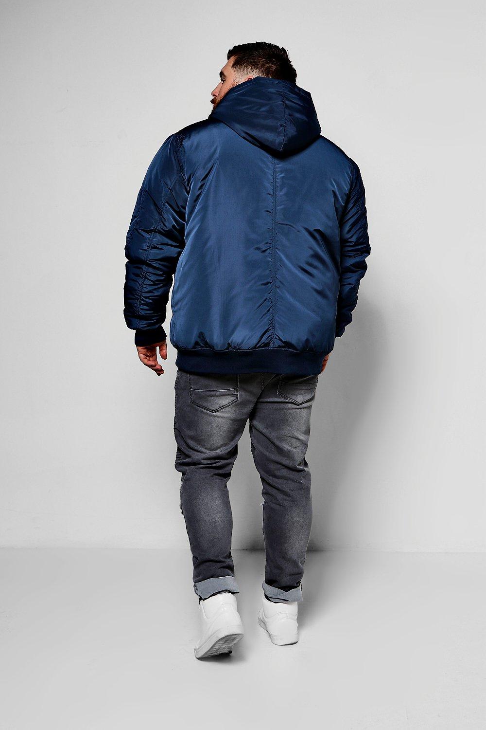 navy hooded bomber jacket