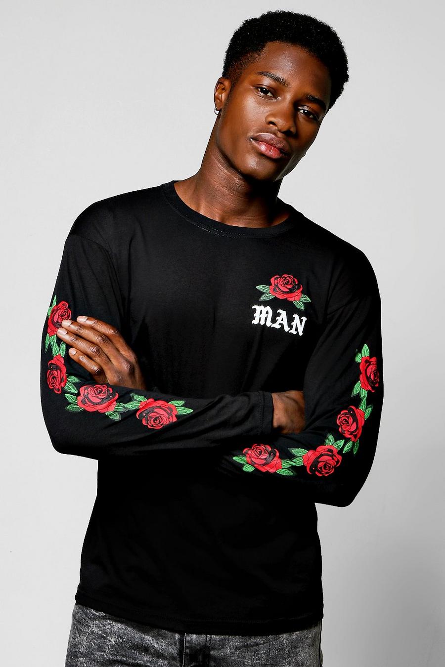 Ochtend gymnastiek Kwadrant Luik Long Sleeve MAN Rose Print T-Shirt | boohoo