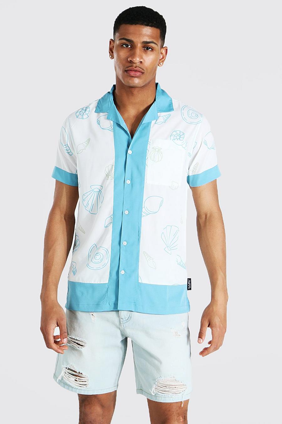 Camisa de manga corta con estampado de conchas, Azul image number 1