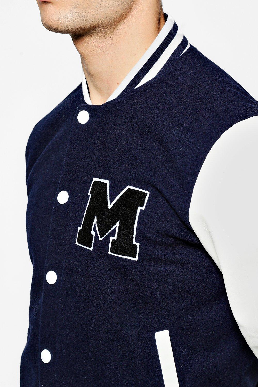 Navy Blue Wool Varsity Bomber Jackets With Red Real Leather Sleeves  Letterman