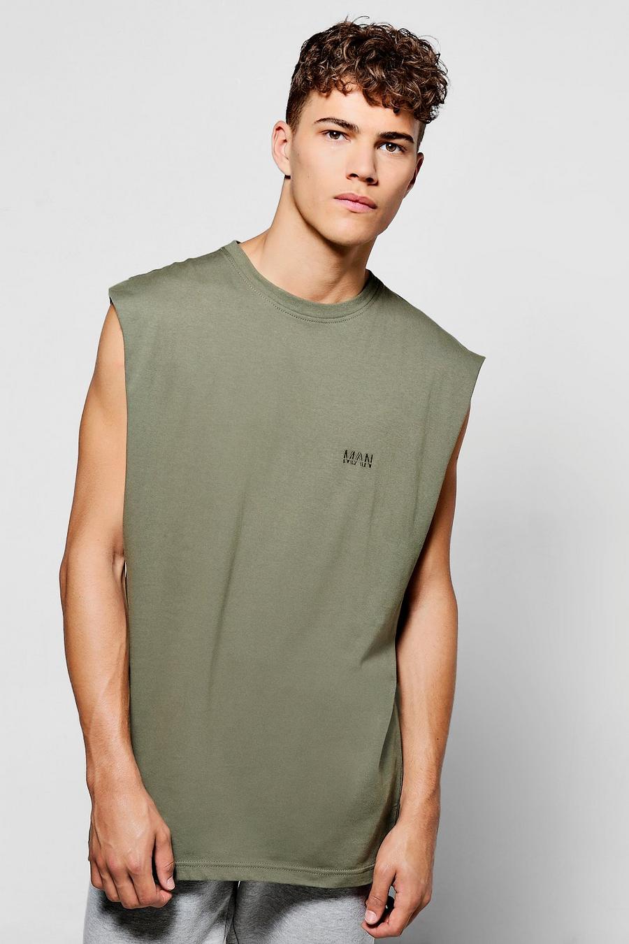 Übergroßes, ärmelloses T-Shirt mit Man-Print, Khakifarben image number 1