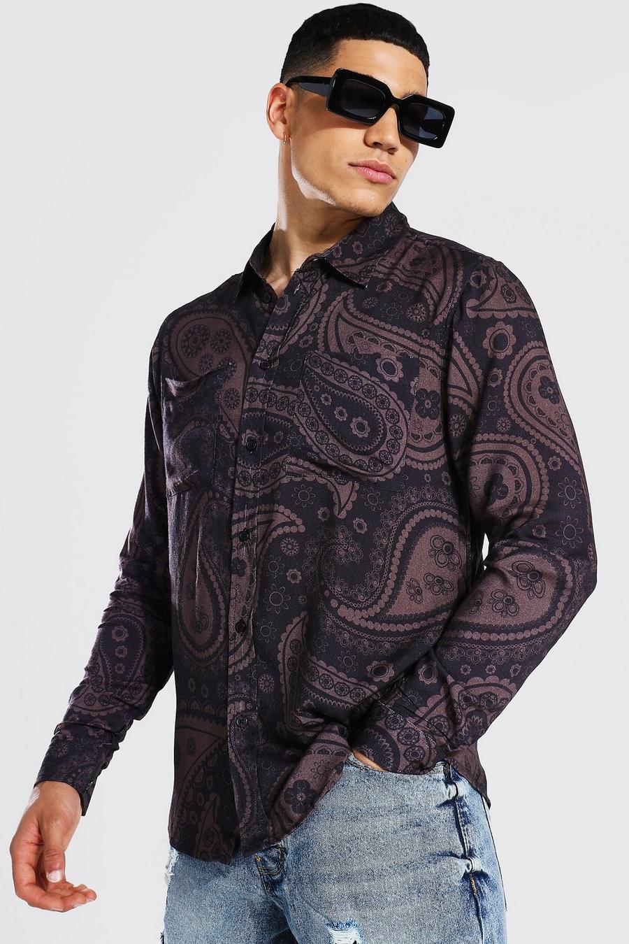 Brown Long Sleeve Viscose Large Scale Paisley Shirt image number 1