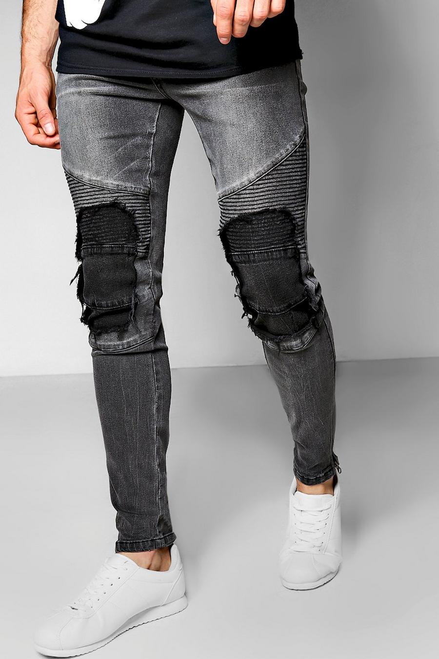 Men's Charcoal Skinny Fit Jeans With Biker Repairing | boohoo