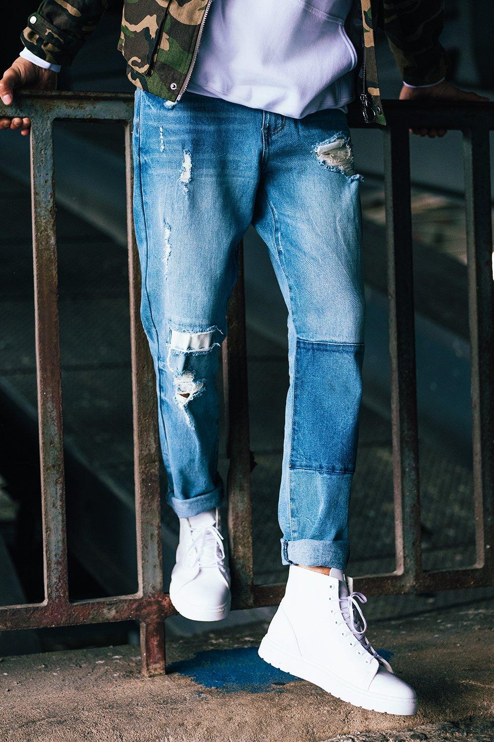 blue patchwork jeans mens