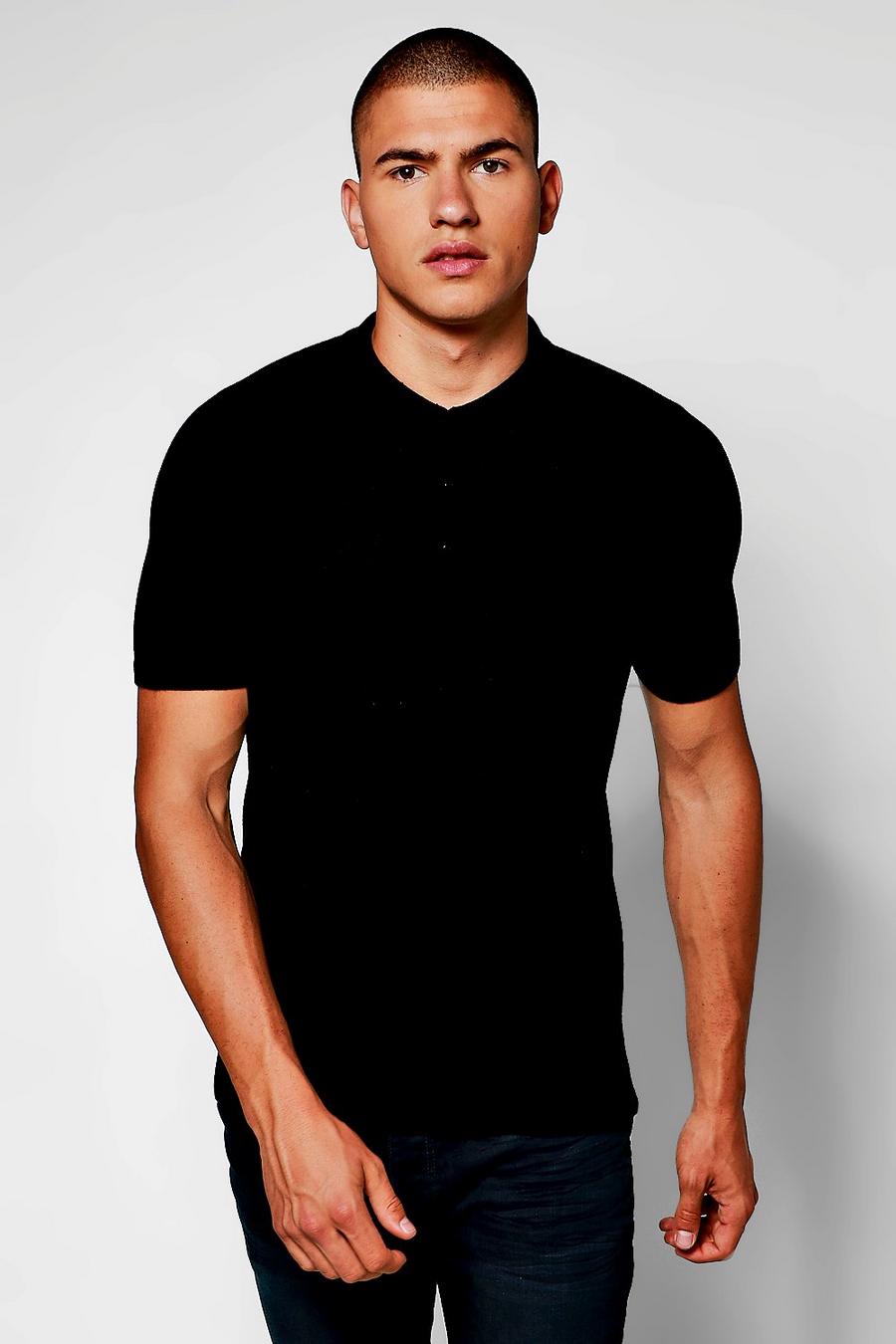 Black Short Sleeve Button Through Knitted Polo image number 1