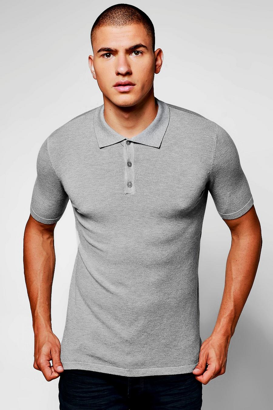 Grey Short Sleeve Button Through Knitted Polo image number 1