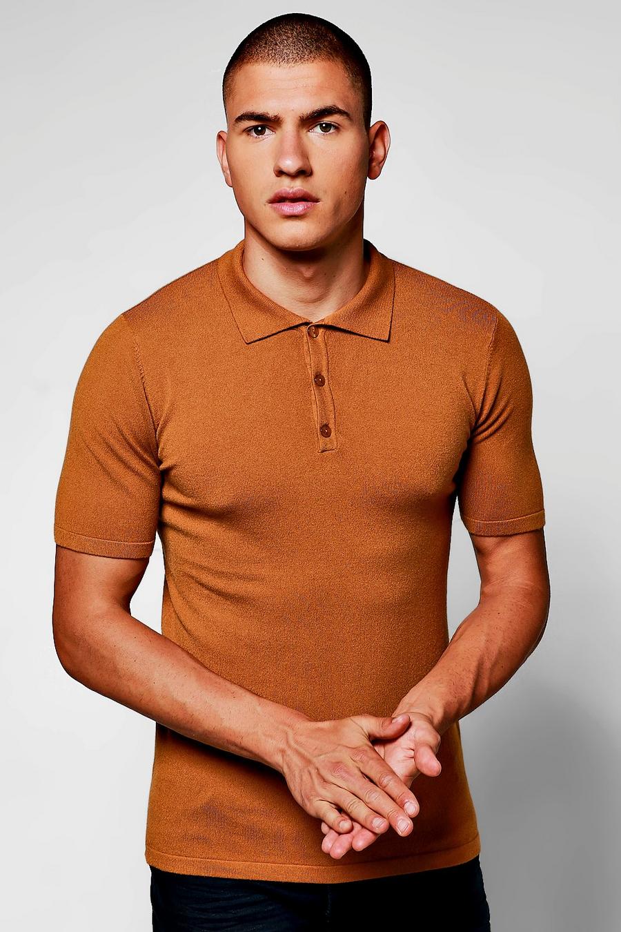 Mustard Short Sleeve Button Through Knitted Polo image number 1