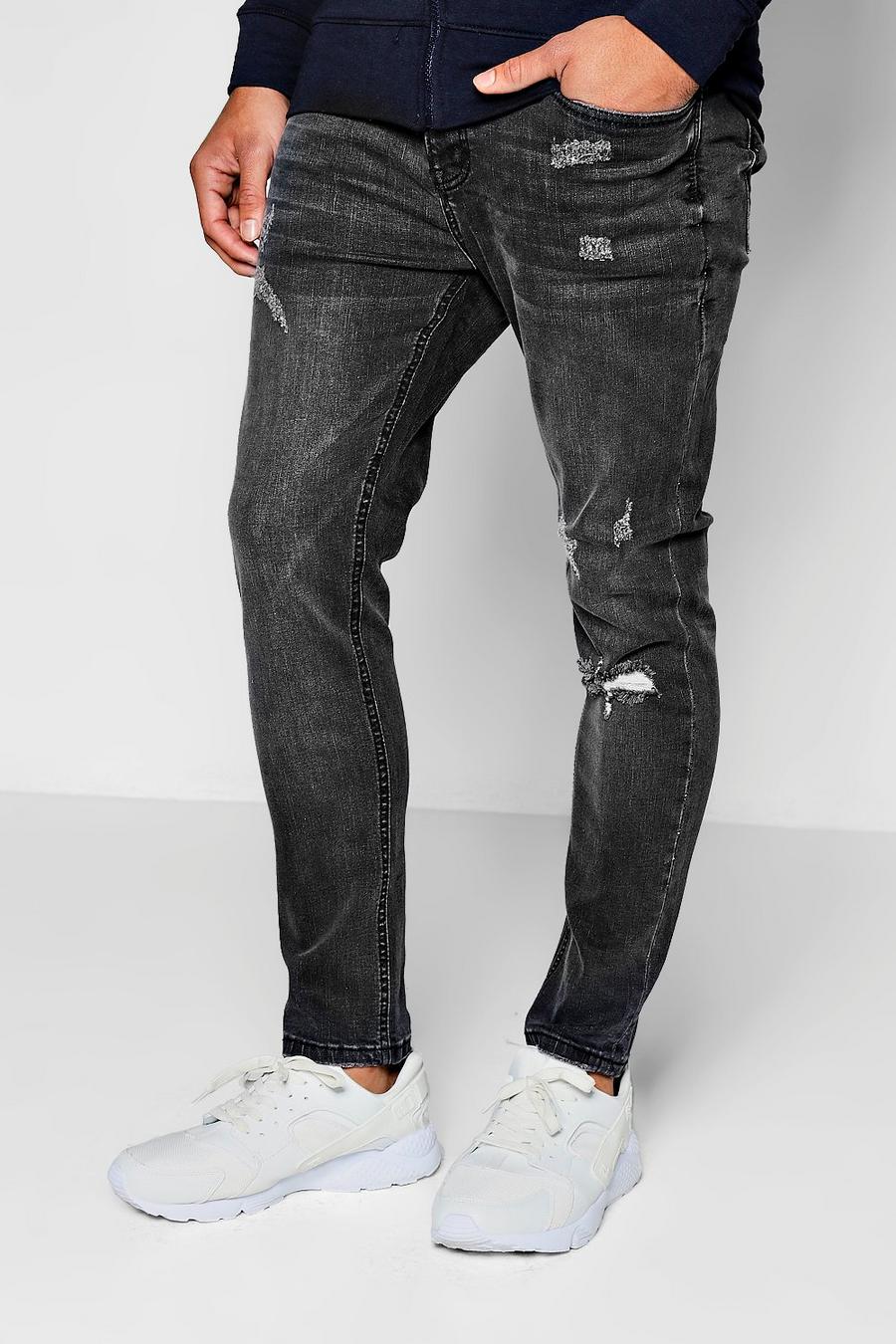 Schmal geschnittene, knöchellange Jeans mit Rissen am Knie, Anthrazit image number 1
