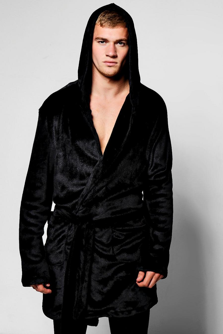Hooded Fleece Dressing Gown, Black image number 1