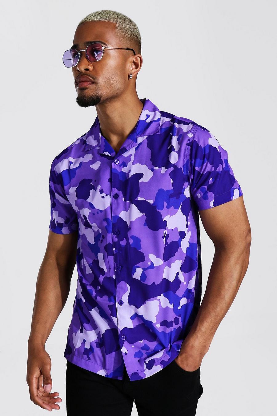 Purple Short Sleeve Camo Print Revere Shirt image number 1