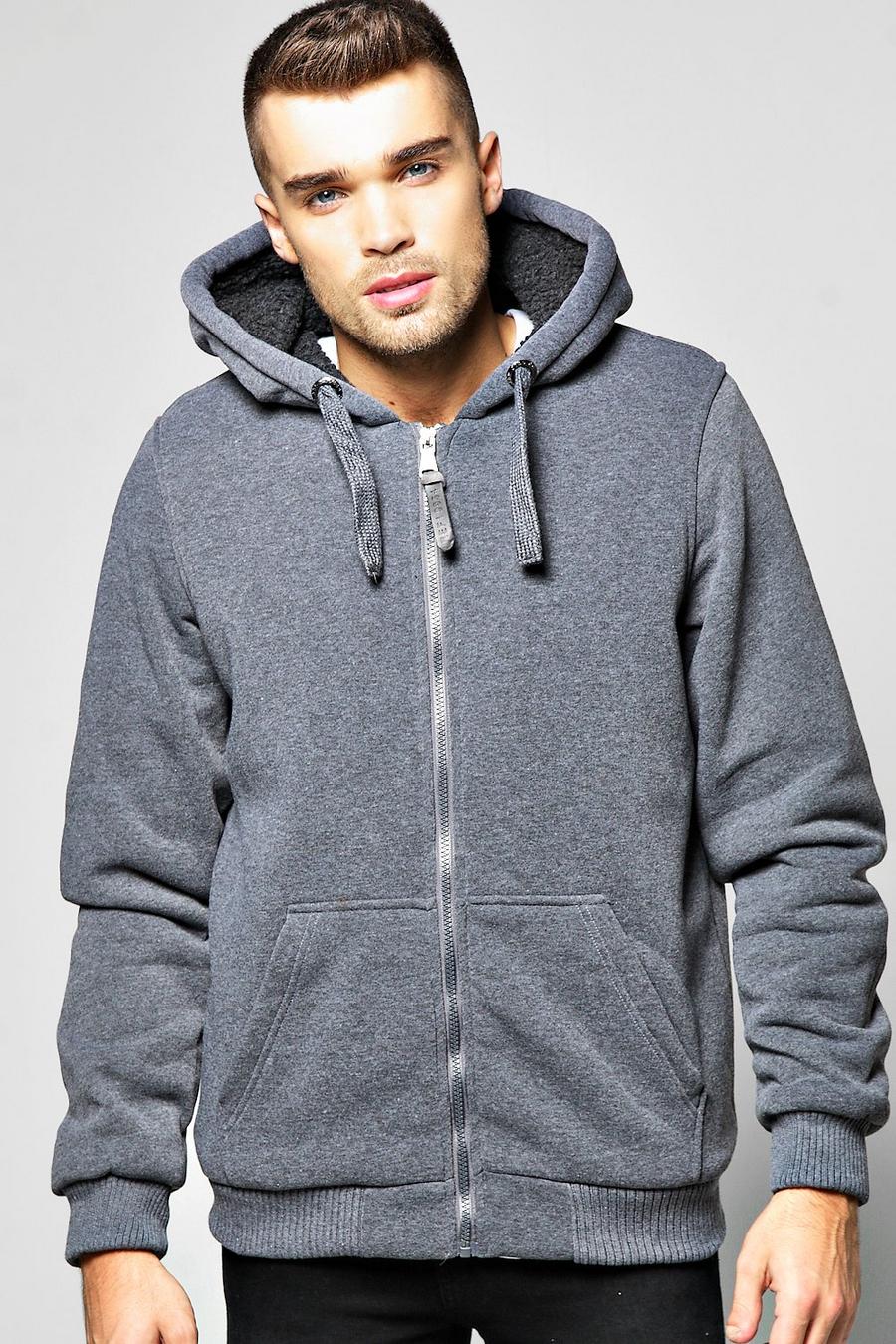 Sherpa Lined Zip Through Hoodie, Charcoal gris image number 1