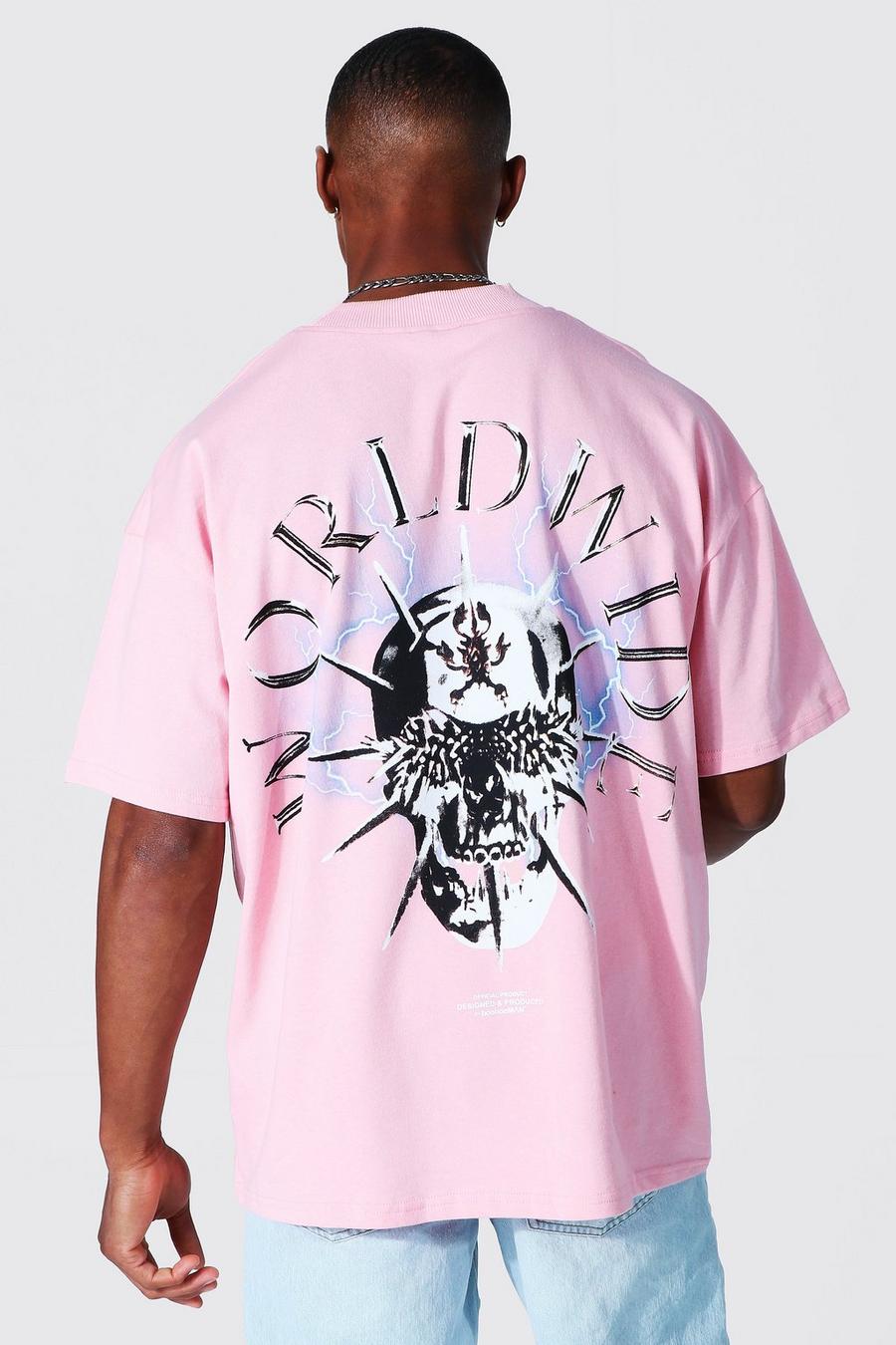 Pink Oversize t-shirt med hög halsmudd och dödskalle image number 1