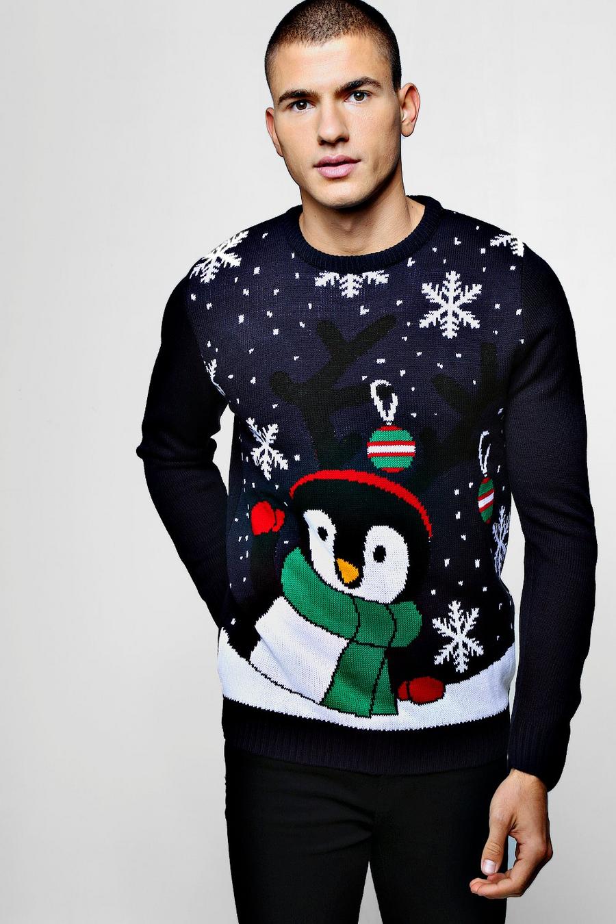 Novelty Penguin Christmas Jumper In Navy image number 1