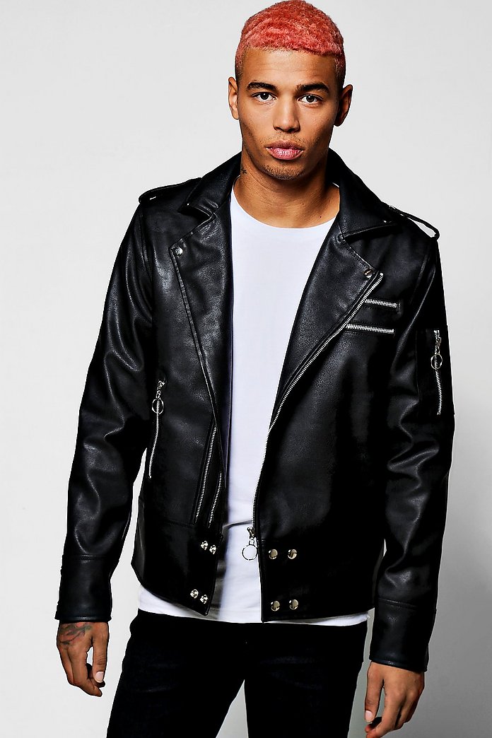 Men's Black Faux Leather Regular Fit Biker Jacket | Boohoo UK