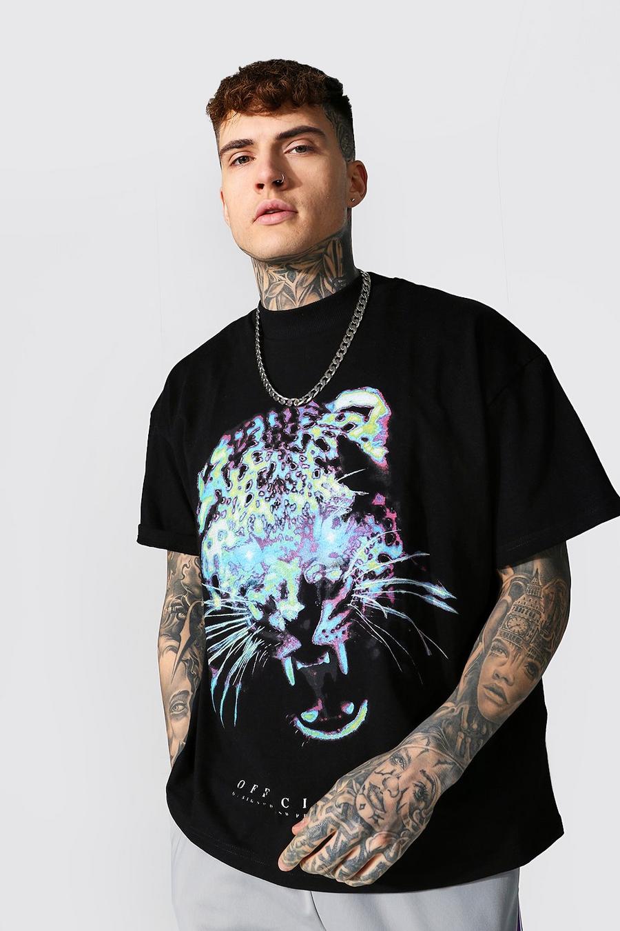Black Oversized Extended Neck Leopard Graphic T-shirt image number 1
