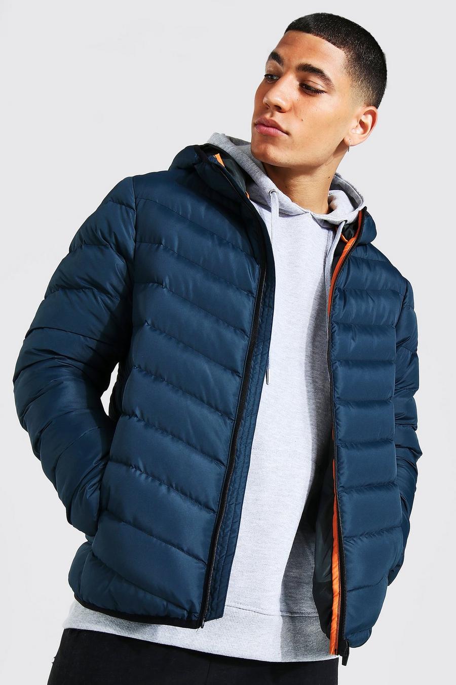 Navy Quilted Zip Through Jacket With Hood image number 1