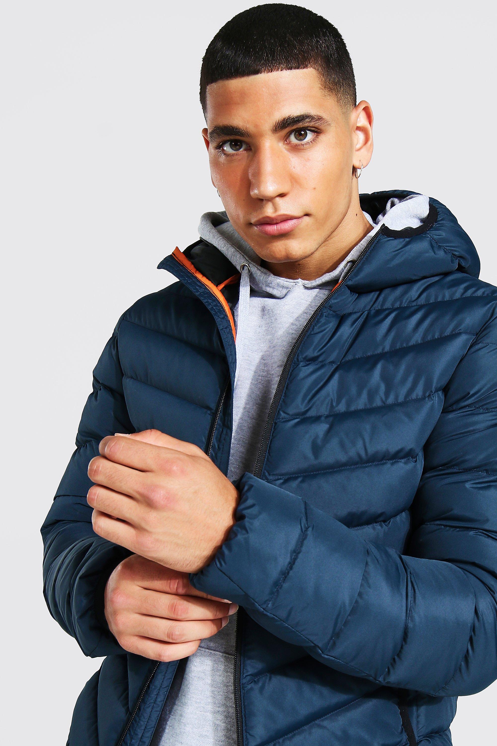 mens navy quilted hooded jacket