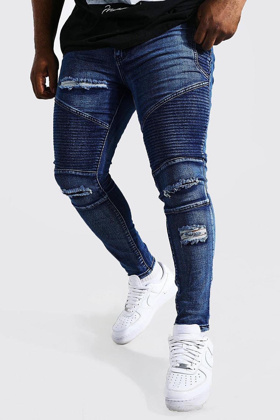 Big and tall jeans azzurri taglio skinny in stile motociclista con strappi, Blu azzurro