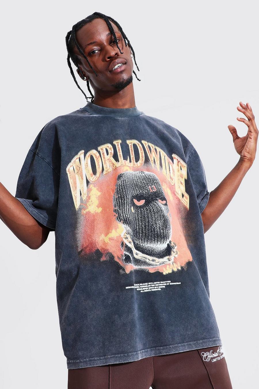 Charcoal Oversized Worldwide T-Shirt Met Brede Nek image number 1