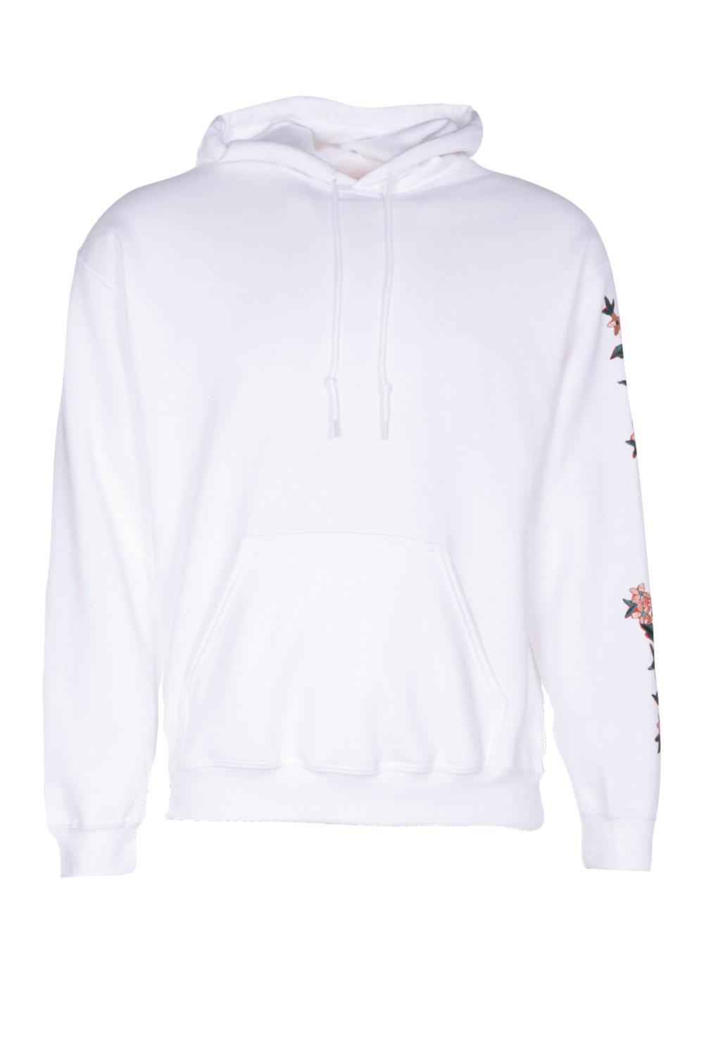 white hoodie with roses on sleeves