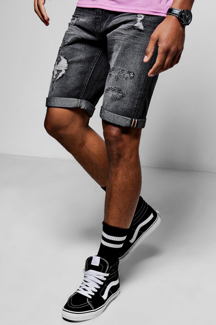 Black Loose Fit Skater Denim Shorts with Distressing image number 1