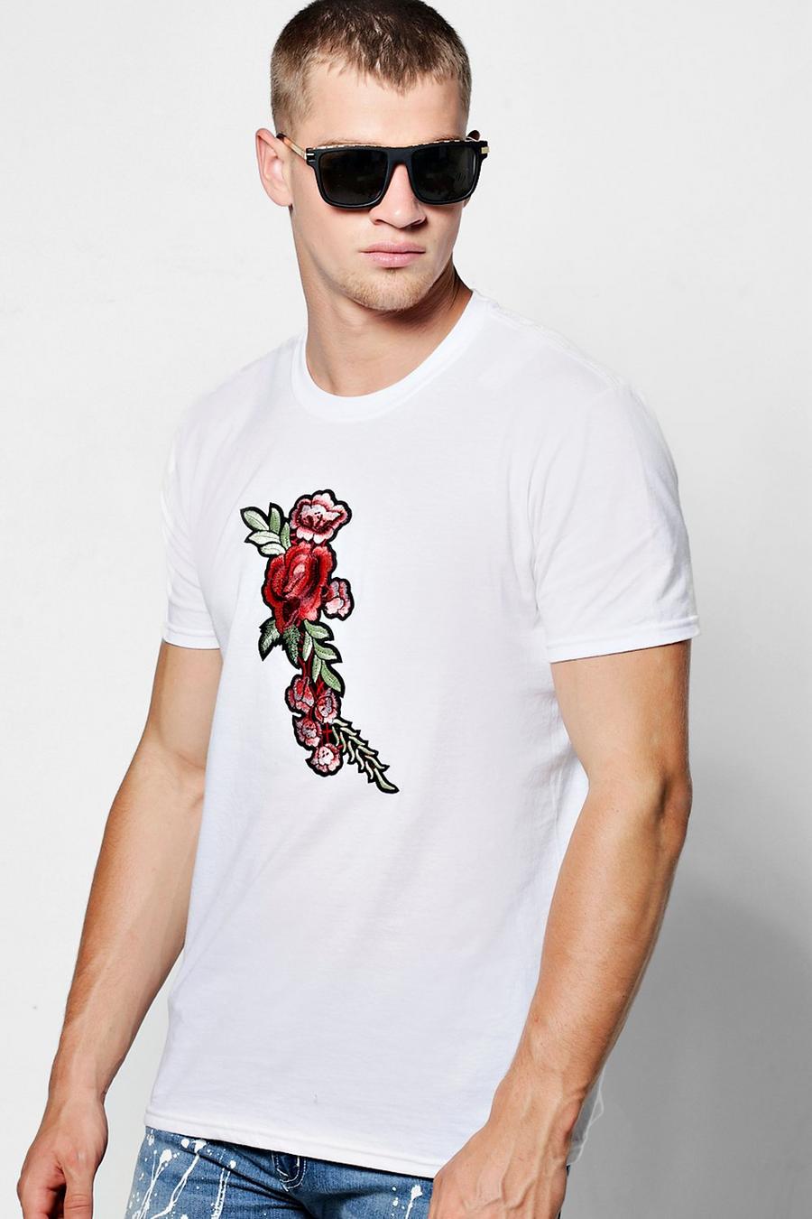 White Floral Chest Embroidered T-Shirt image number 1