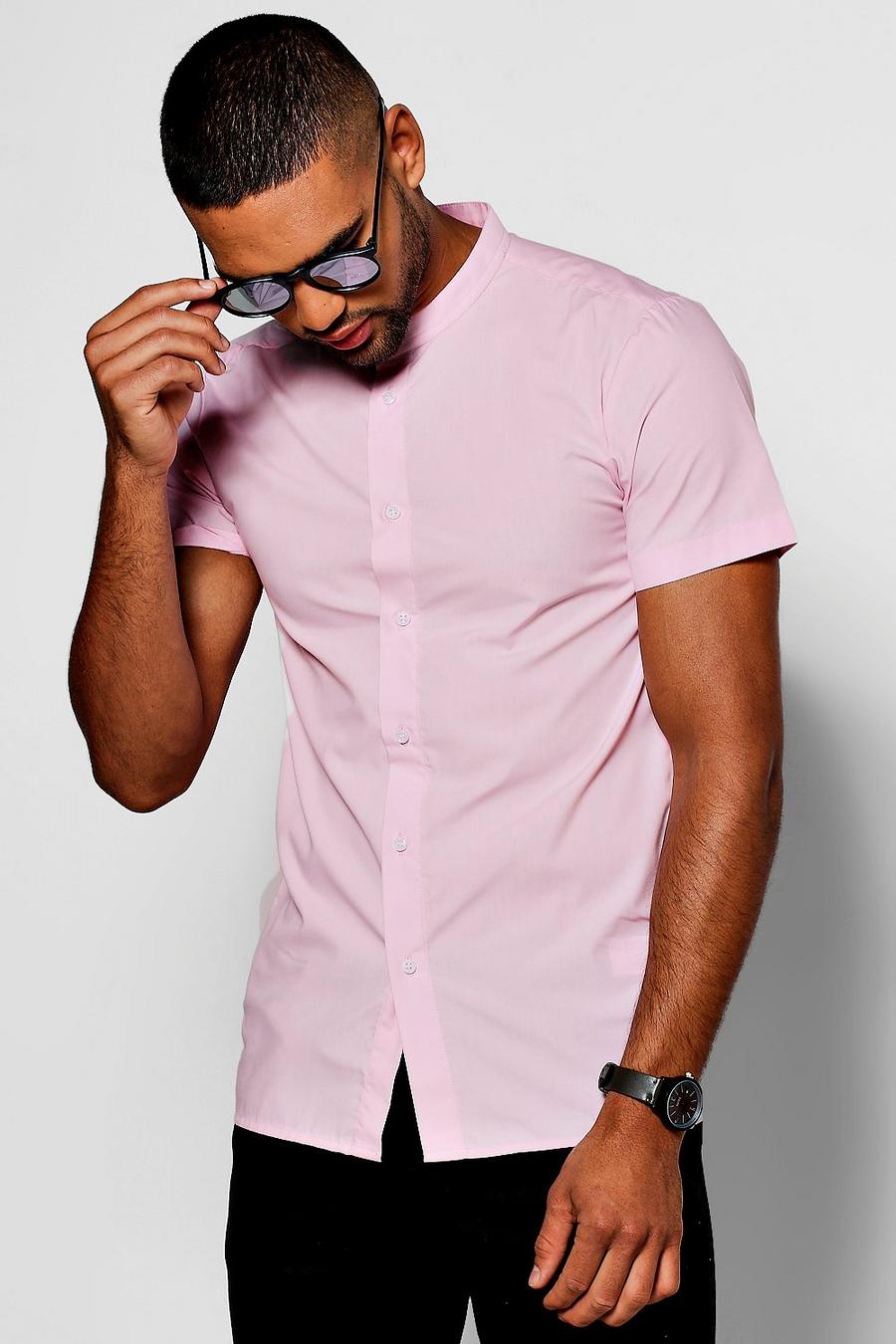 Pale pink Pink Slim Fit Short Sleeve Grandad Collar Shirt image number 1