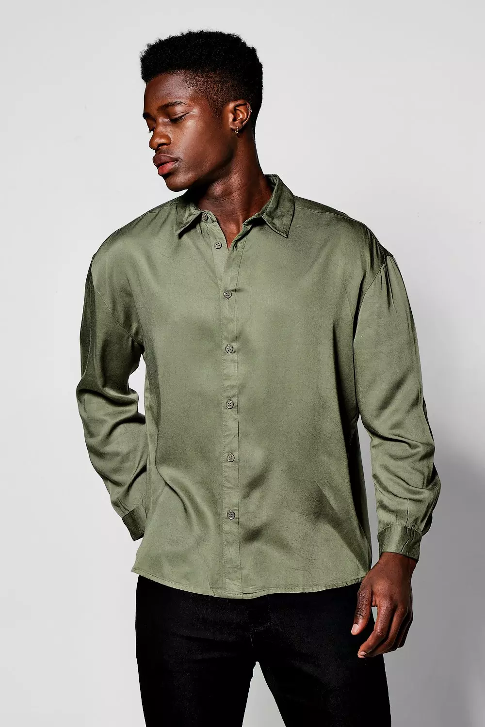 Khaki Long Sleeve Oversized Viscose Shirt