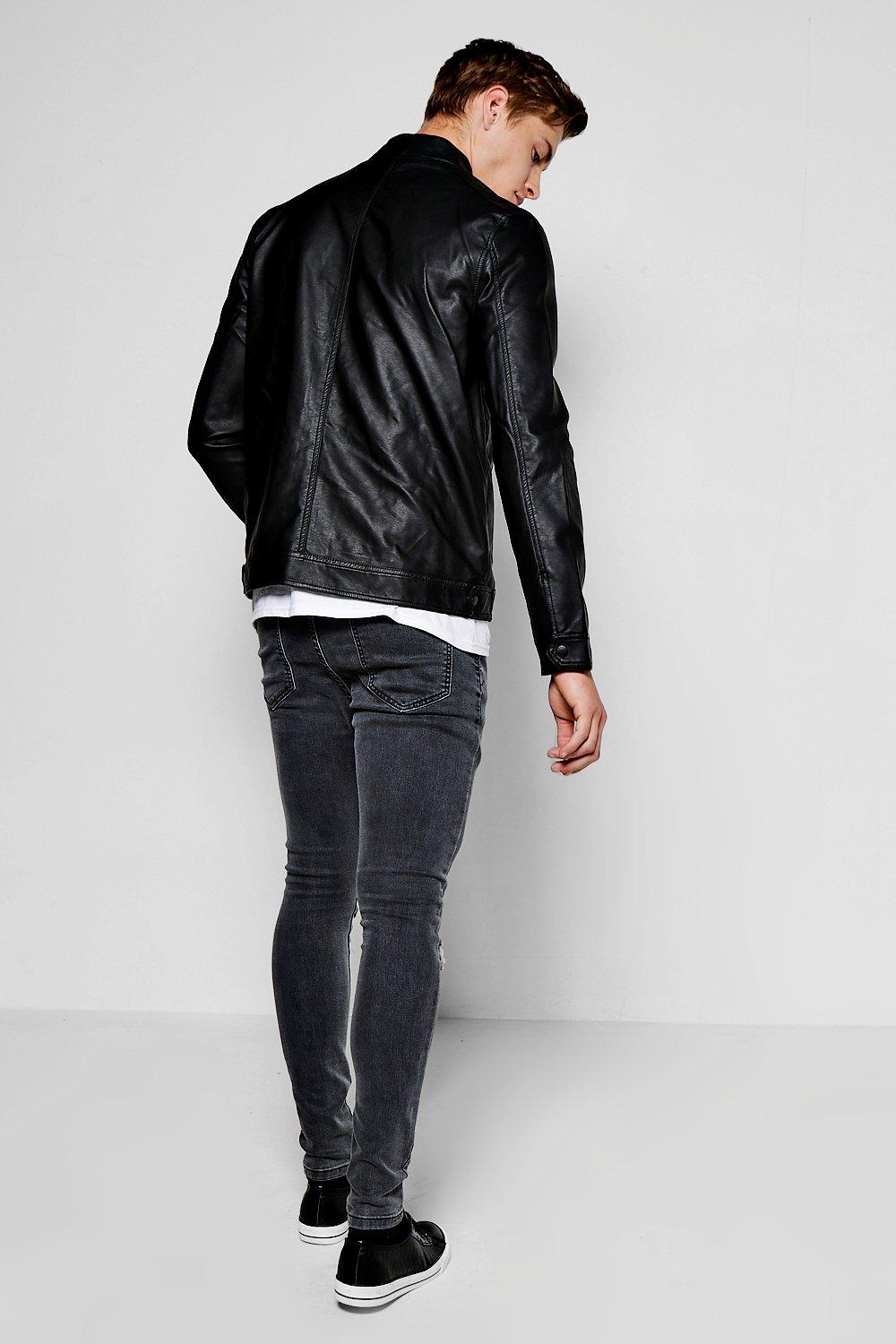 Black Grandad Collar Multi Zip PU Biker Jacket