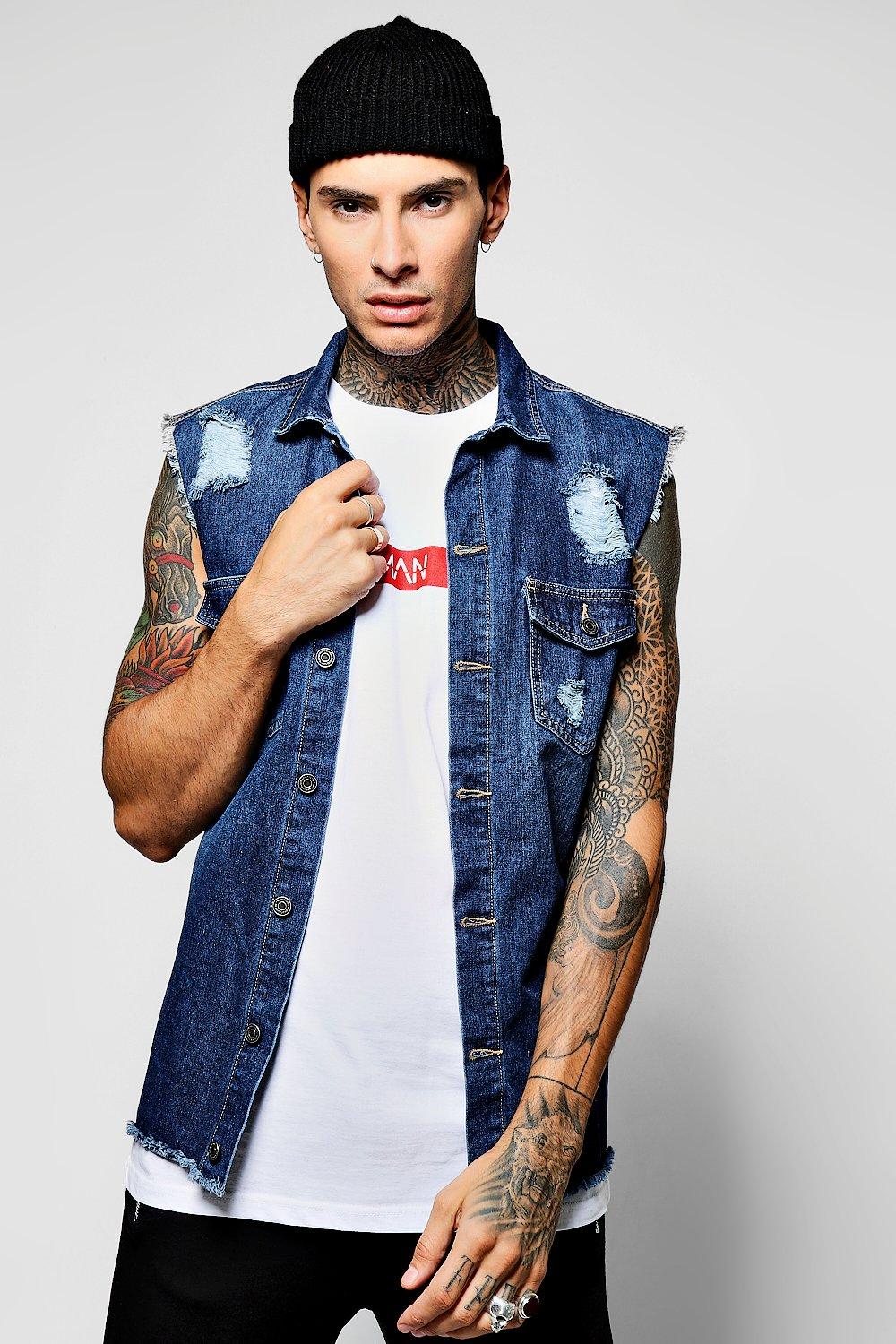 distressed sleeveless denim jacket