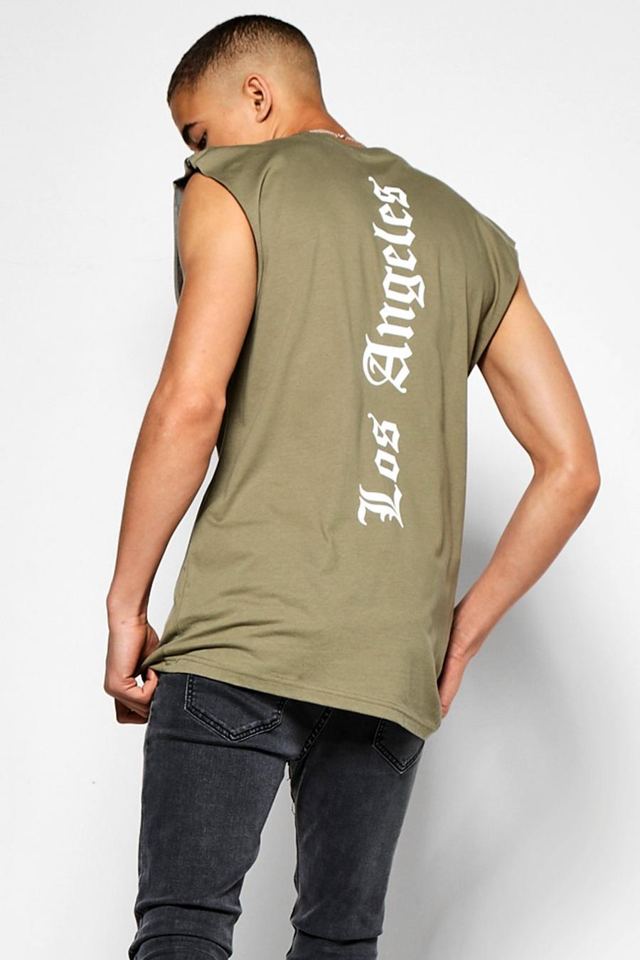 Länger geschnittenes, ärmelloses T-Shirt mit „LA“-Print, Khaki image number 1