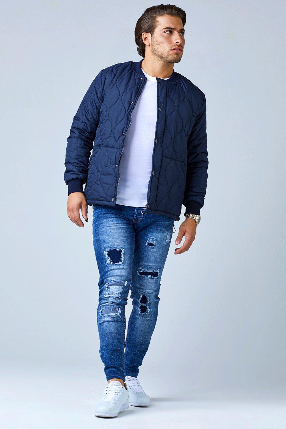 mens blue quilted bomber jacket