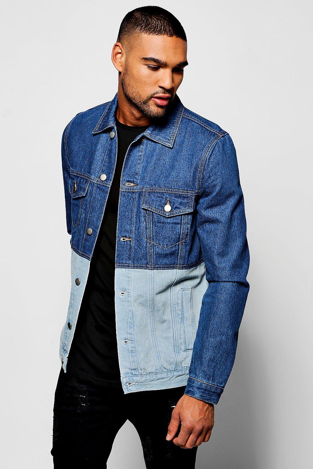 half black and half blue jean jacket