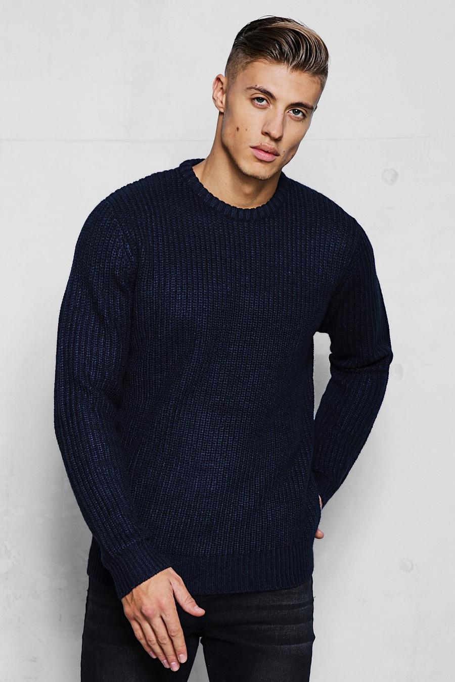 Navy Crew Neck Fisherman Knit Sweater image number 1