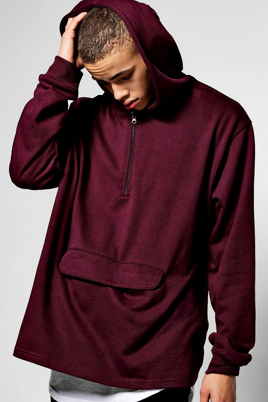 Wine Oversized Over The Head Hoodie With Half Zip & Pocket image number 1