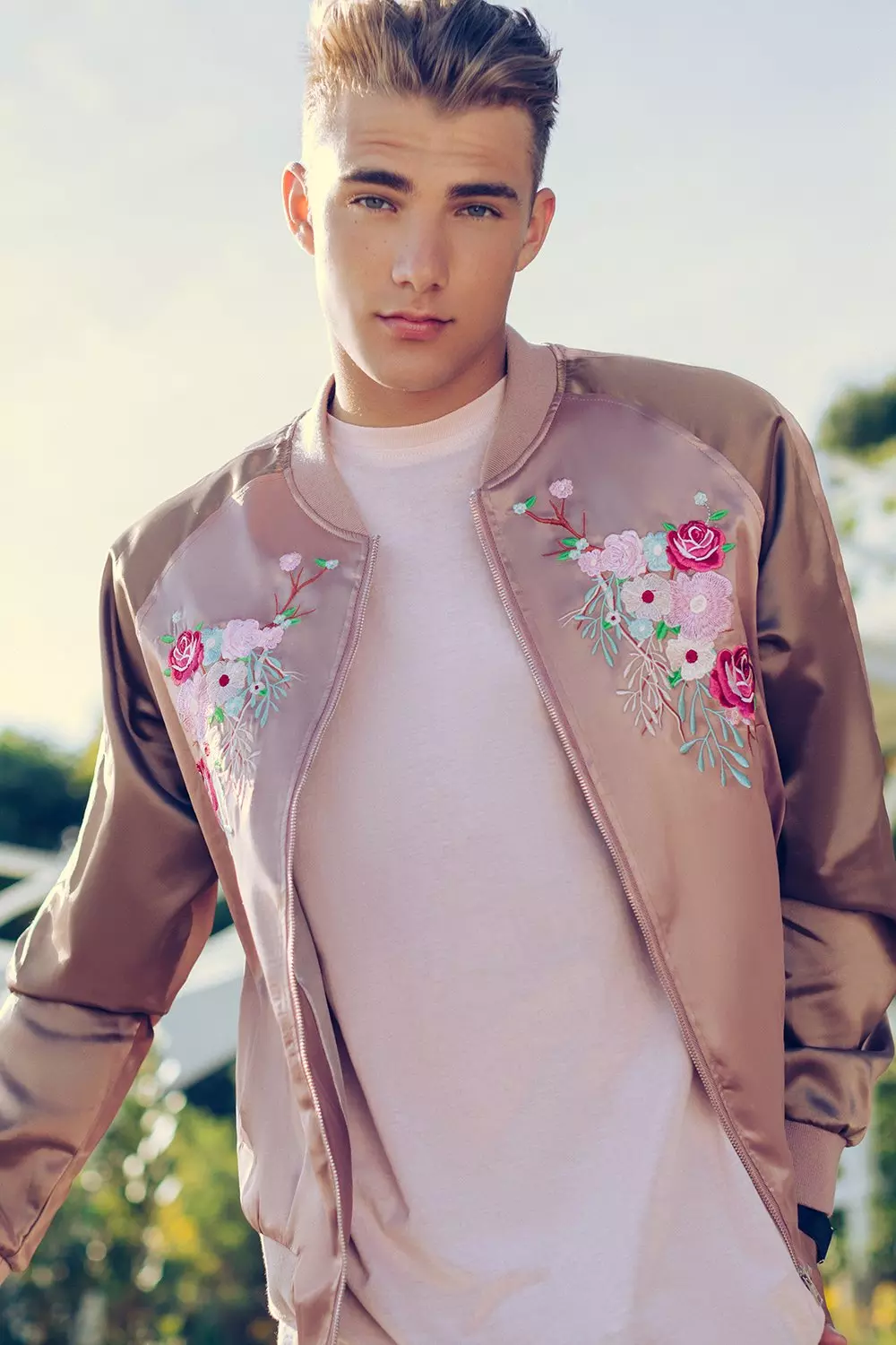 Floral Embroidered Satin Raglan Bomber Jacket