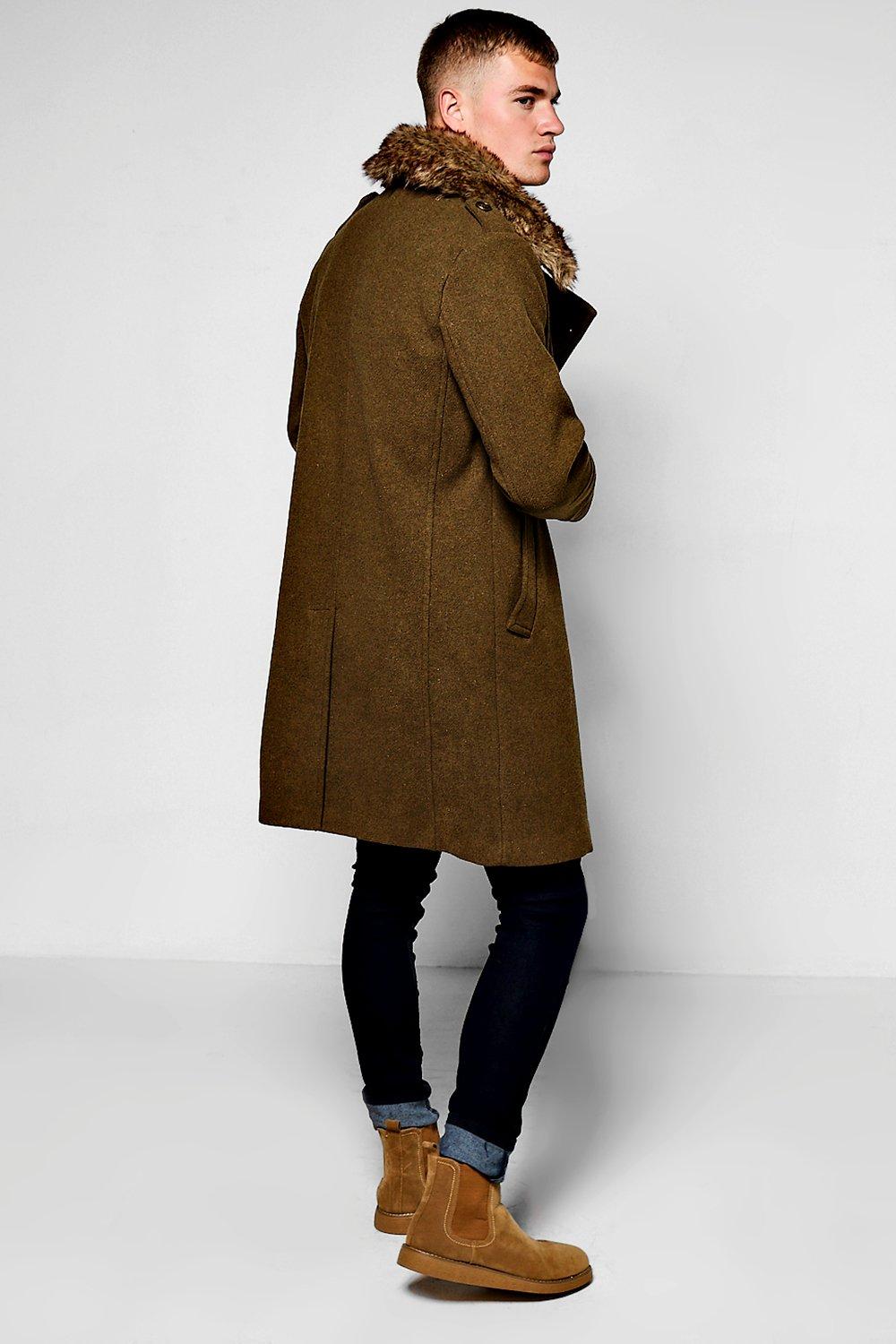 Military Overcoat with Detachable Faux Fur Collar