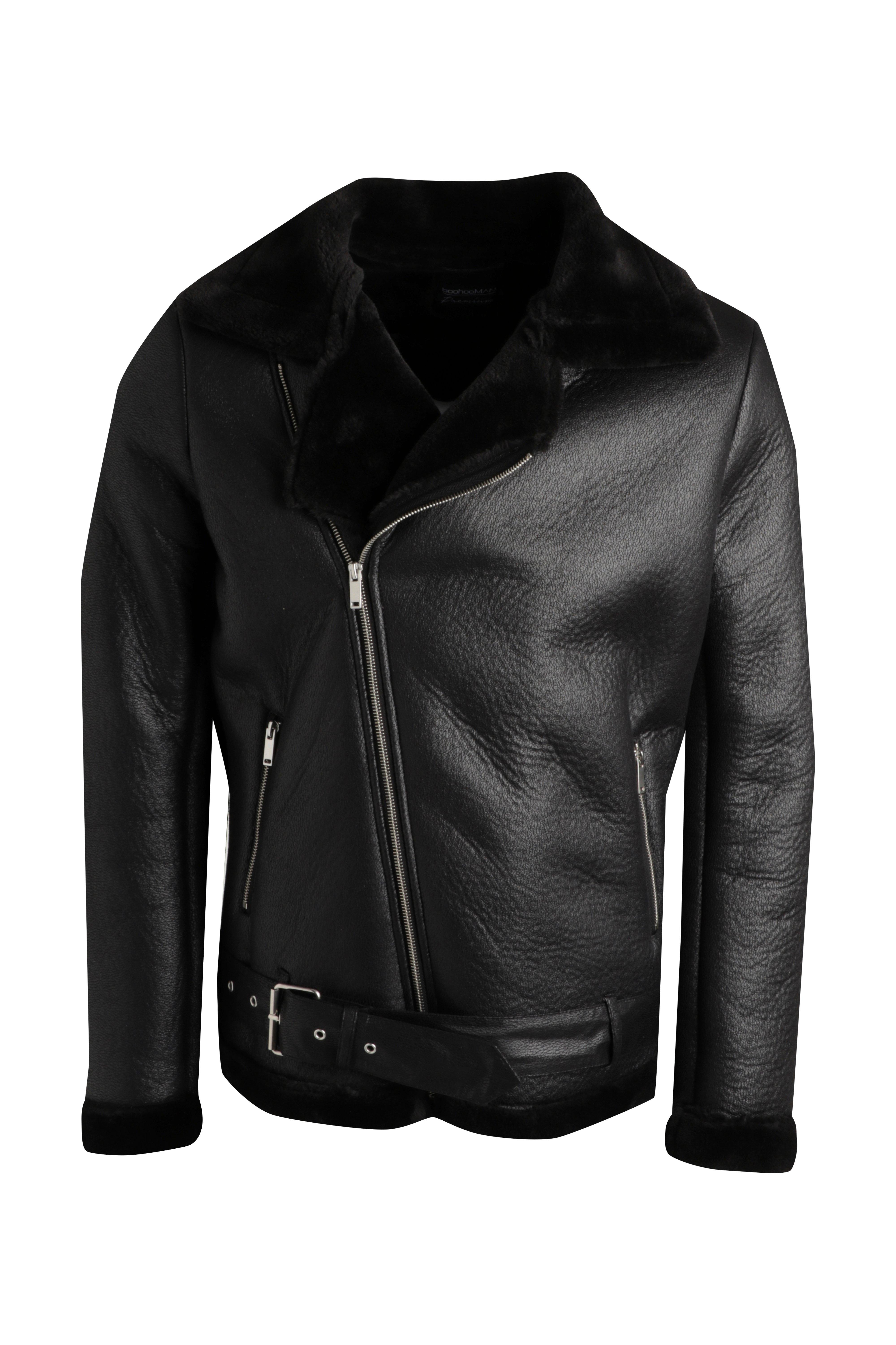 boohooMAN Reversible Leather Look and Borg Aviator - Black - Size S