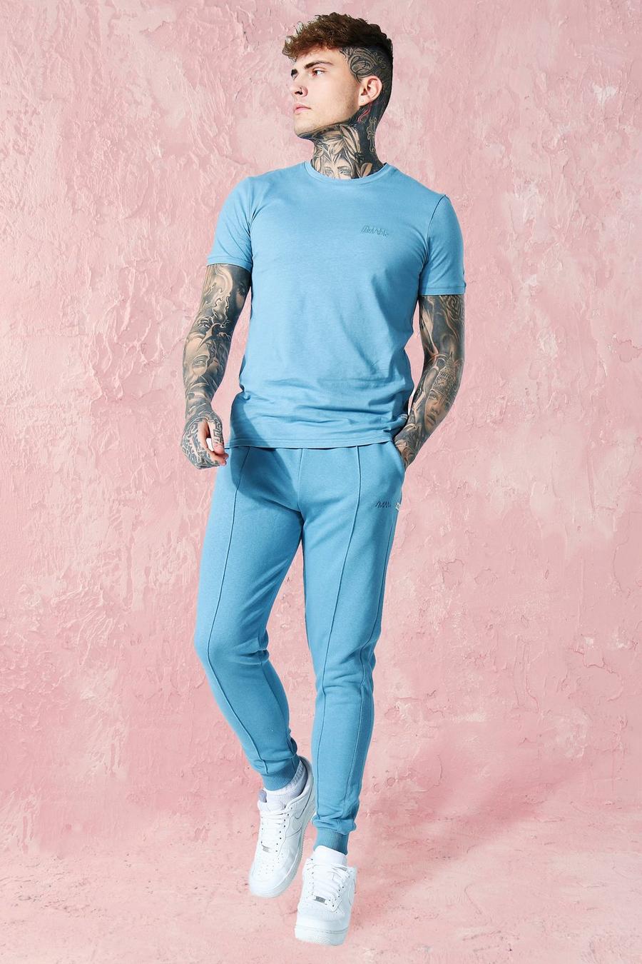 Dusty blue T-shirt i muscle fit och joggers i jersey image number 1