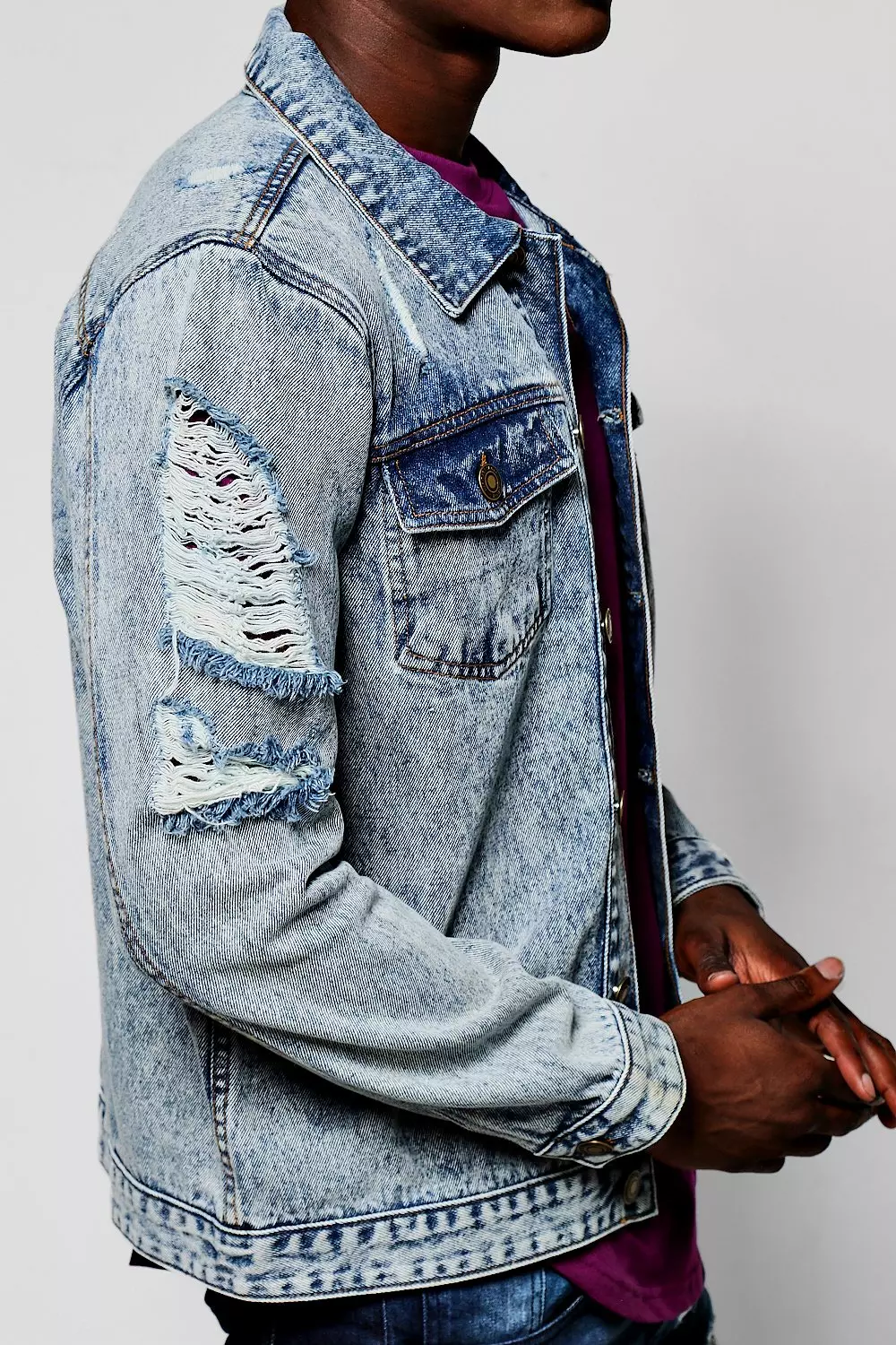 Snow Wash Denim Jacket with Open Rips