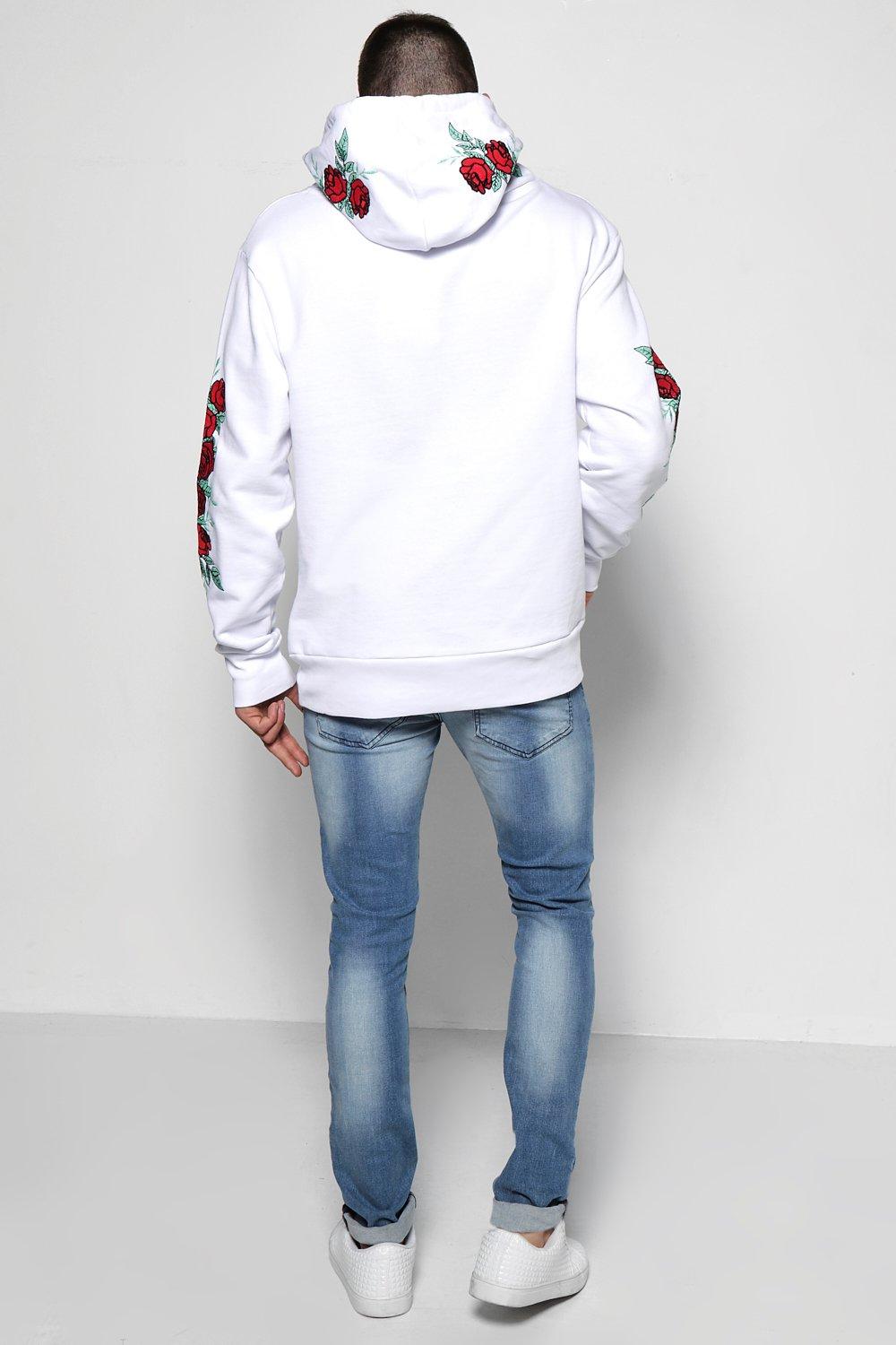 White hoodie with hot sale roses on sleeves mens