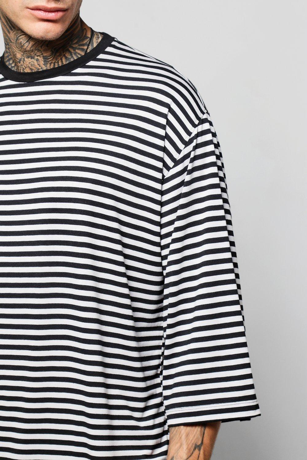 Oversized Striped Shirt With 3/4 Sleeves - boohooMAN Oversized Striped Shirt With 3/4 Sleeves - boohooMAN