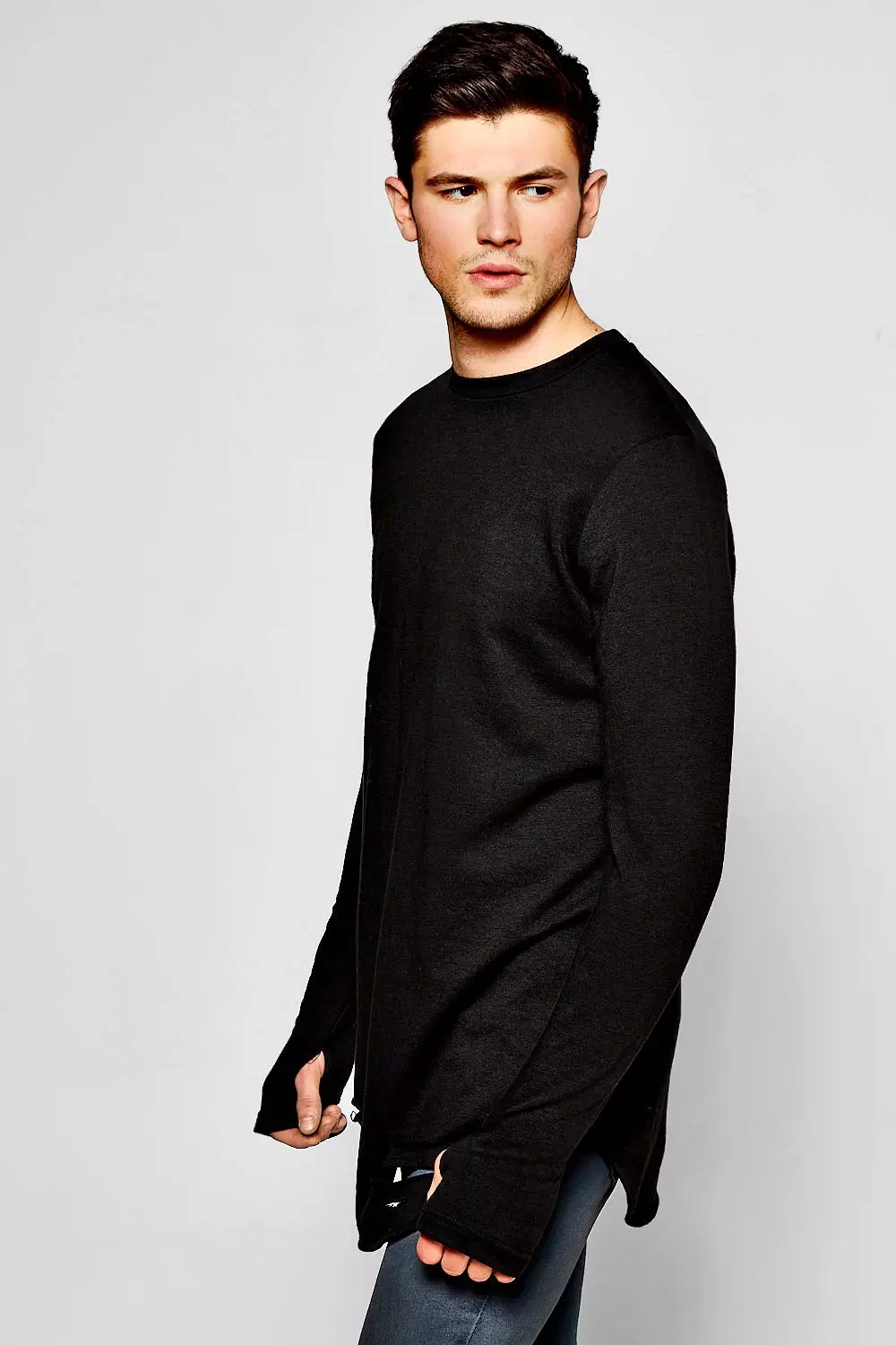 Black Distressed Curve Hem Sweater With Thumb Hole alternative image